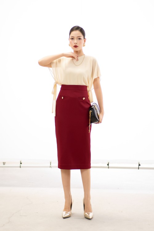 Sixdo Dark Red Straight Midi Raw Skirt